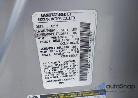 2006 Infiniti Fx35 из США, поврежденный, VIN JNRAS08W26X208677